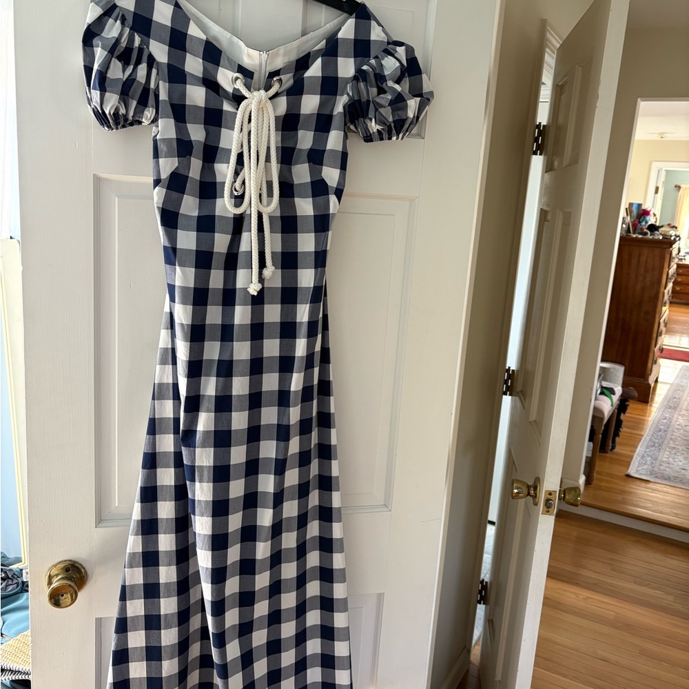 Navy and White Gingham Dress with Puff Sleeves